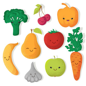 快乐卡通水果和花园蔬菜与滑稽可爱的面孔矢量字符